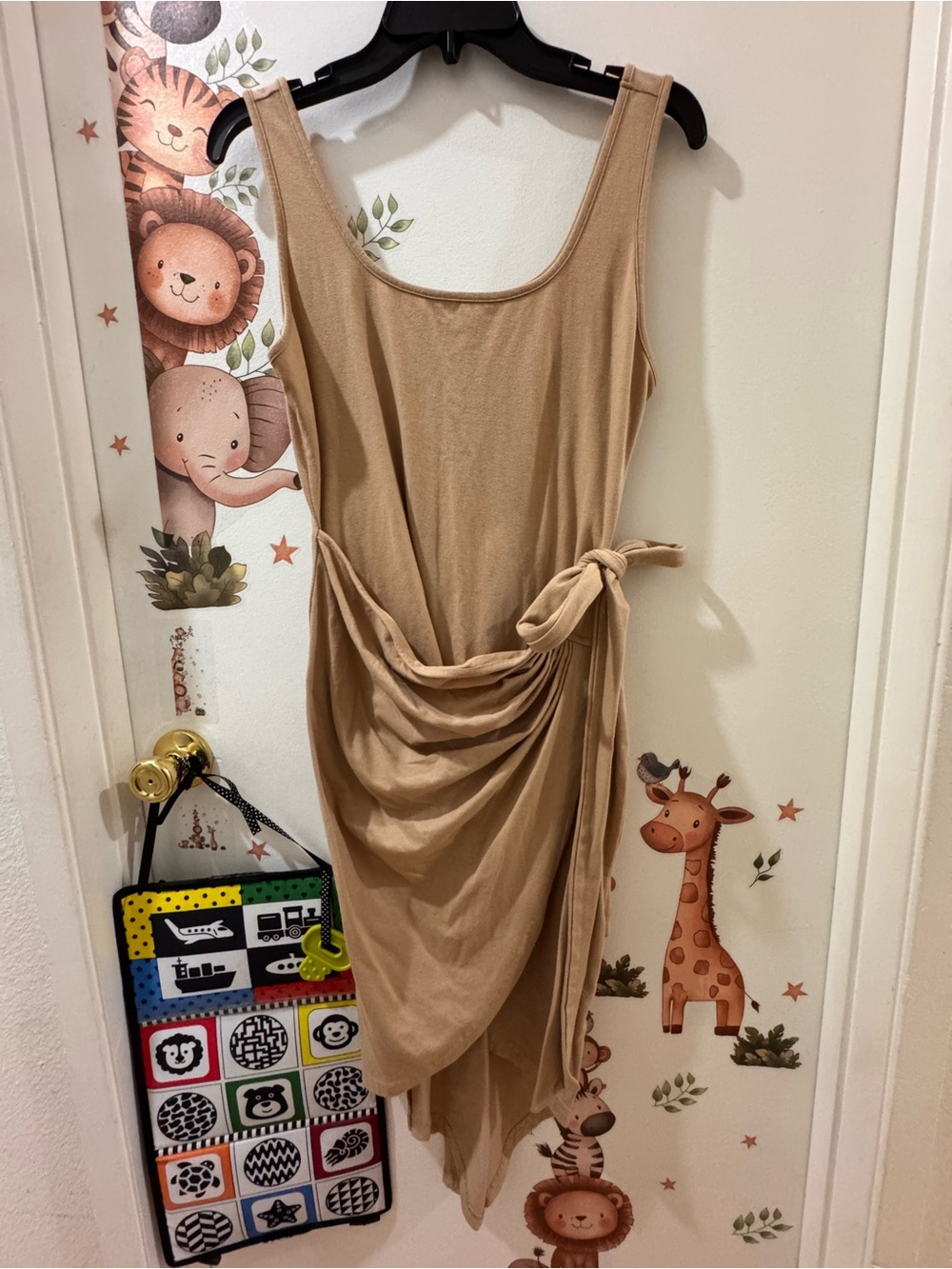Sleeveless Tan Draped Tie-Waist Midi Dress